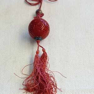 Red Cinnabar Carved Ball Tassel Necklace - Women Jewelry